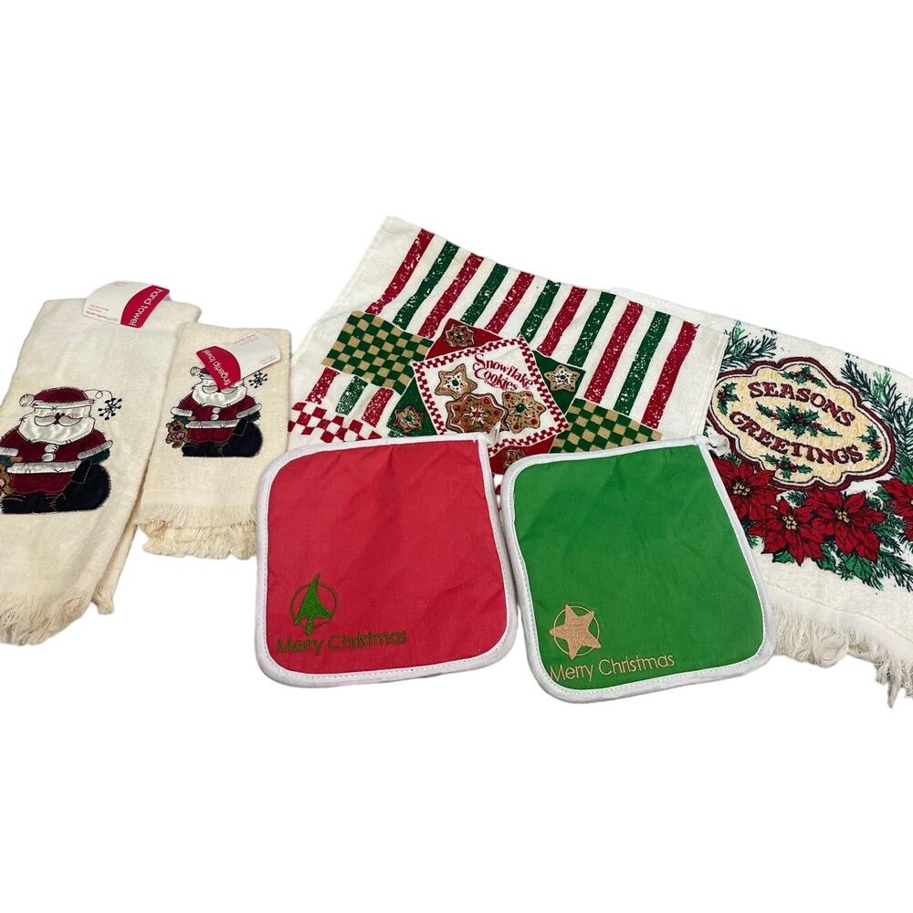 New Christmas Santa Seasons Greetings Chrismas Hand Towels Potholders Lot